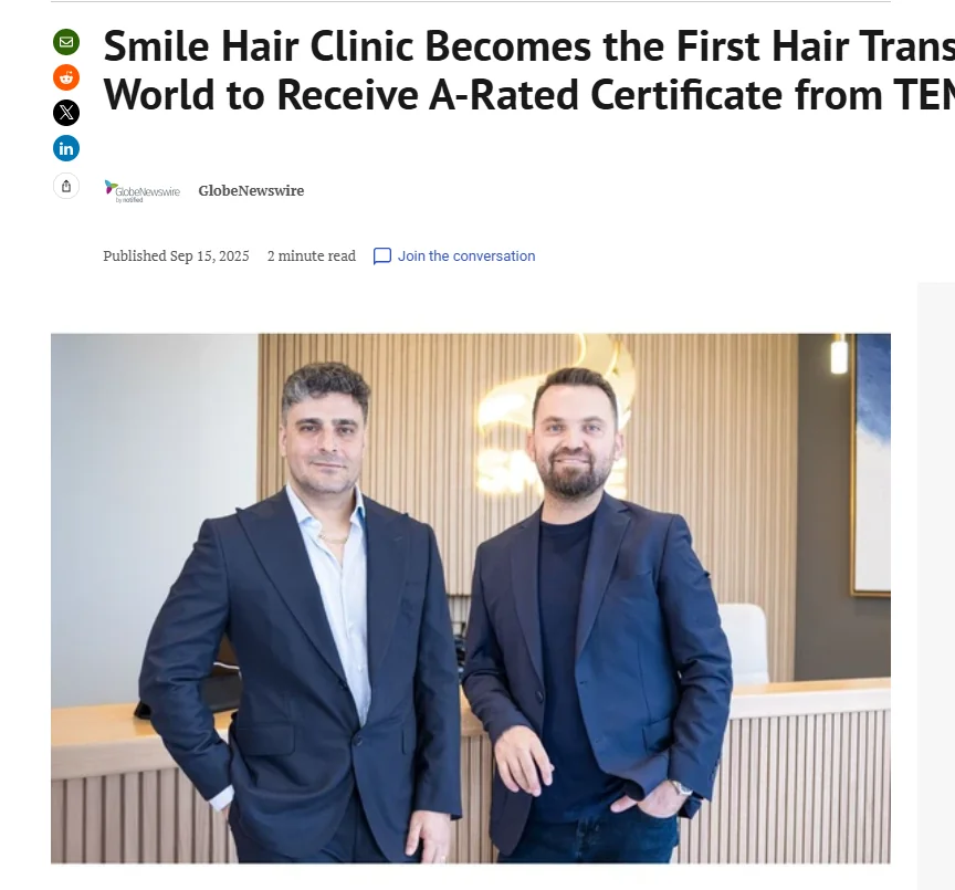 Financial Post announcement of Smile Hair Clinic receiving TEMOS A-Rating, with Dr. Mehmet Erdoğan and Dr. Gökay Bilgin