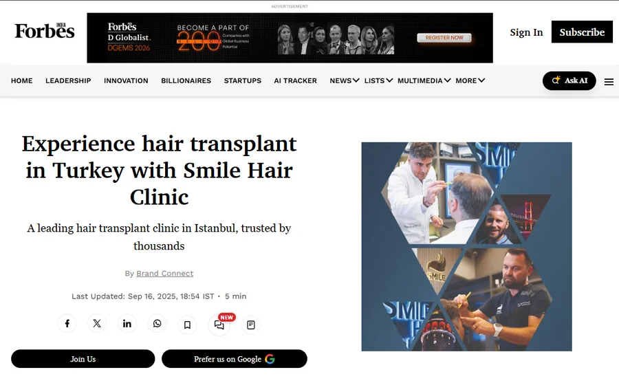 Forbes India feature on hair transplant in Turkey with Smile Hair Clinic