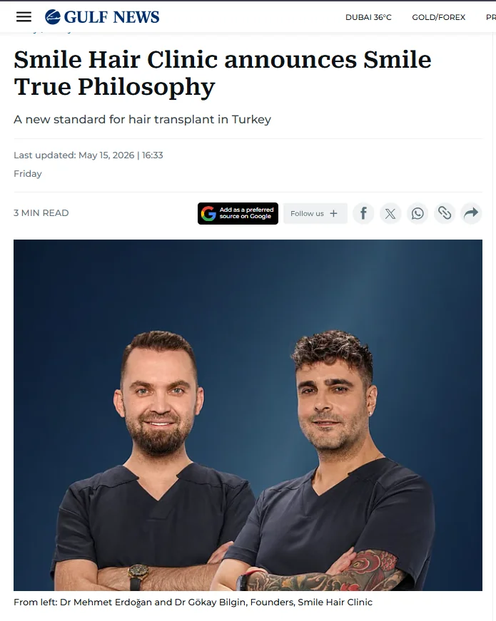 Gulf News article with Dr. Mehmet Erdoğan and Dr. Gökay Bilgin, founders of Smile Hair Clinic