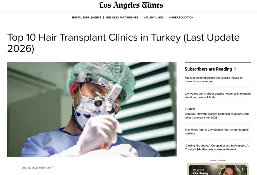 Los Angeles Times article listing the top 10 hair transplant clinics in Turkey for 2026