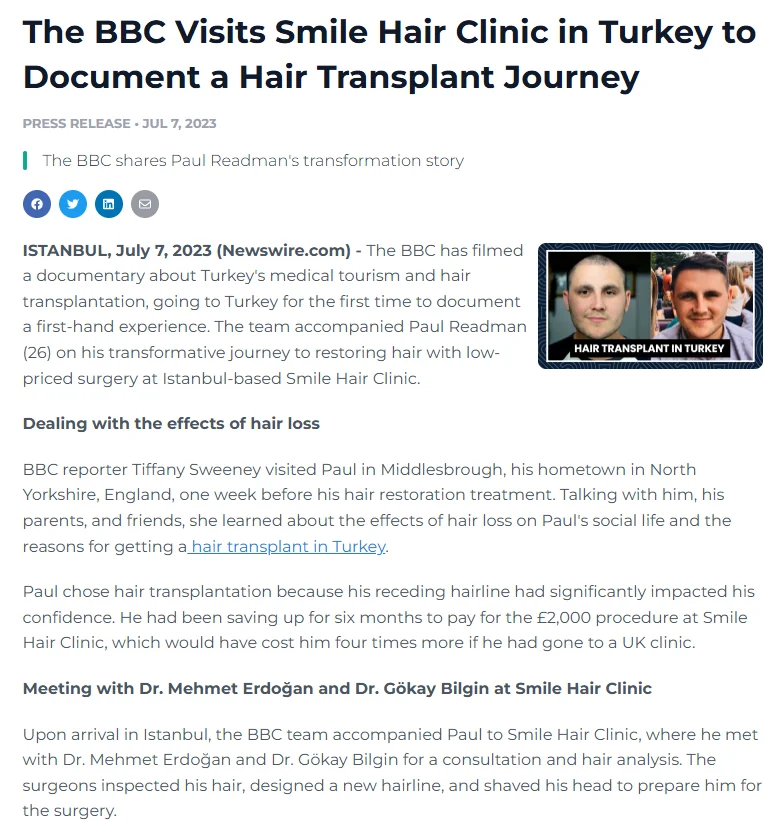 Newswire announcement of the BBC documentary filmed at Smile Hair Clinic