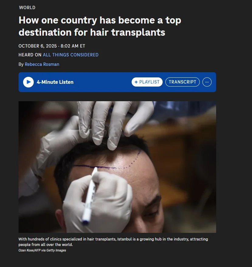 NPR report on Turkey as a top destination for hair transplants, featuring Dr. Mehmet Erdoğan