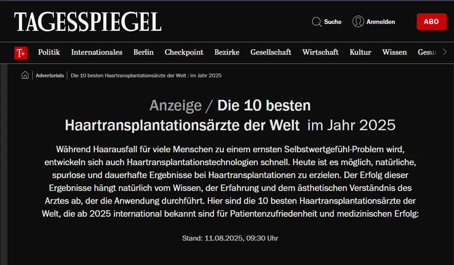 Der Tagesspiegel list of the 10 best hair transplant doctors in the world in 2025